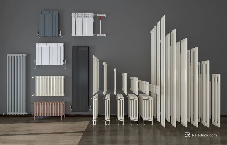 Various Types Of Radiators In Different Colors Arranged On Grey Background With Wooden Floor 3d model 