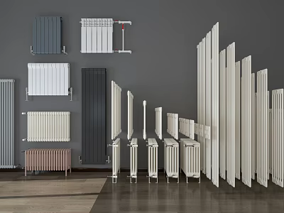 Various Types Of Radiators In Different Colors Arranged On Grey Background With Wooden Floor 3d model