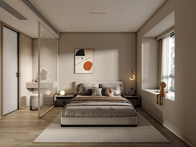 Modern Bedroom Interior With Bed Wooden Floor Bedside Table Lamp Rug Window Painting 3d model