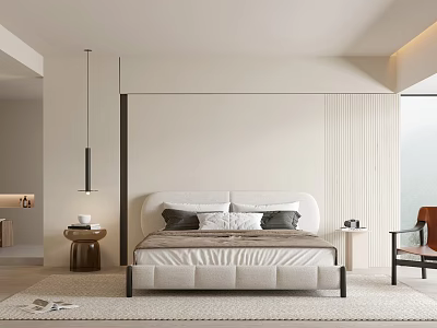Modern Bedroom Interior Design With White Upholstered Bed Nightstands Pendant Lighting And Soft Rug 3d model