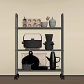 Black 3 Tier Metal Kitchen Storage Shelf With Pots Cups Vases And Rolling Wheels
