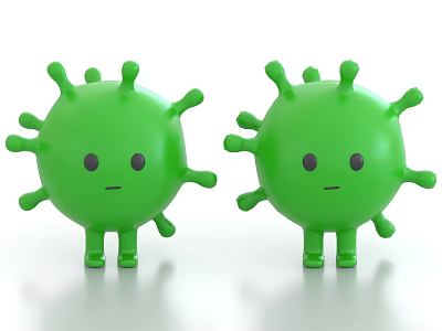 Green Virus Shaped Decorative Ornament Set Featuring Cute Cartoon Figurines With Simple Expressions 3d model