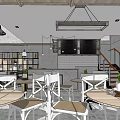 Modern Cafe Interior With Wooden Shelves Metal Tables Hanging Lights And Geometric Floor Tiles