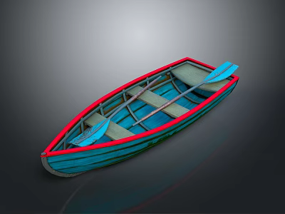 Traditional Wooden Rowboat with Blue and Red Exterior and Wooden Paddles for Recreational Water Transport 3d model