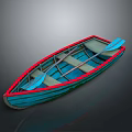 Traditional Wooden Rowboat with Blue and Red Exterior and Wooden Paddles for Recreational Water Transport
