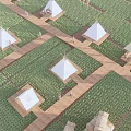 Garden Landscape in Green Fields with White Conical Tents Wooden Walkways Pavilion and People Walking