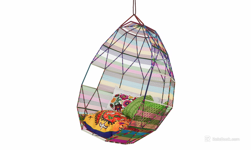 Colorful Woven Egg Shaped Hanging Chair with Decorative Cushions and Artistic Design 3d model 
