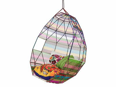 Colorful Woven Egg Shaped Hanging Chair with Decorative Cushions and Artistic Design 3d model