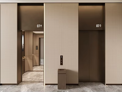 Modern Elevator Hallway Interior Design With Neutral Tones Marble Floor And Metal Doors 3d model
