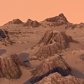 Majestic Desert Landscape With Rugged Rock Formations Sandy Terrain And Lavender Sky