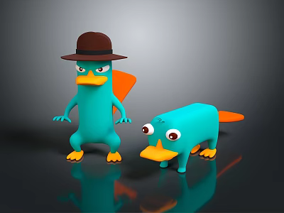 Playful Two Turquoise Toy Figures With Brown Hat Big Eyes And Orange Tails 3d model