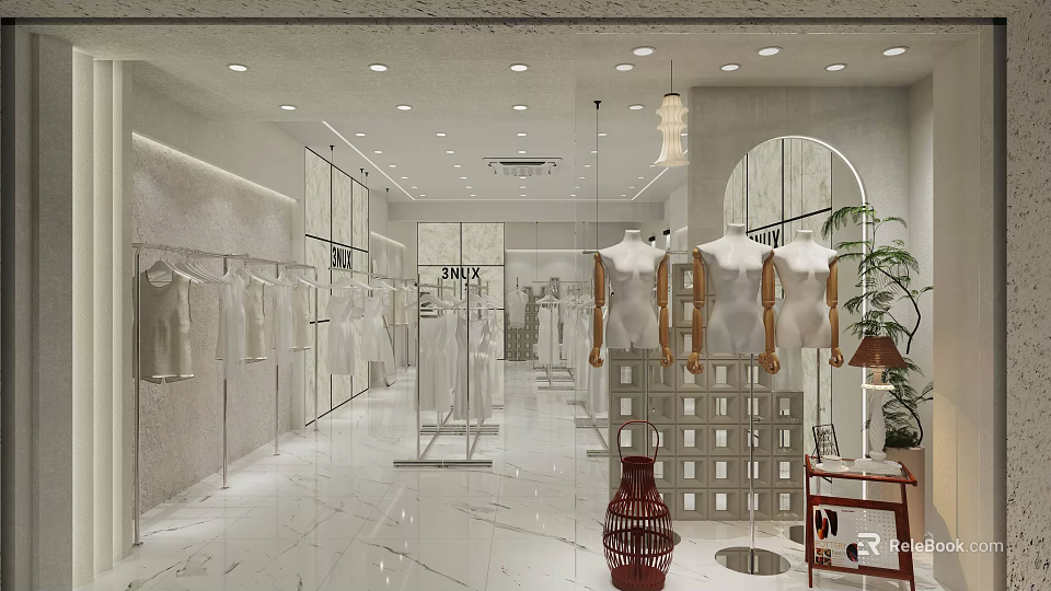 Modern Clothing Store With White Clothes Racks Mannequins Glass Partitions Marble Floor And Pendant Lights 3d model 