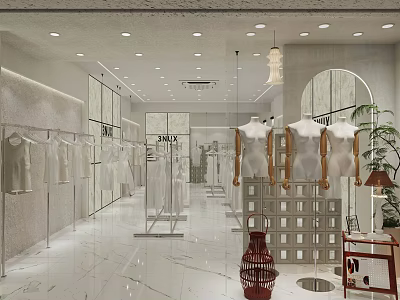 Modern Clothing Store With White Clothes Racks Mannequins Glass Partitions Marble Floor And Pendant Lights 3d model