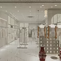 Modern Clothing Store With White Clothes Racks Mannequins Glass Partitions Marble Floor And Pendant Lights