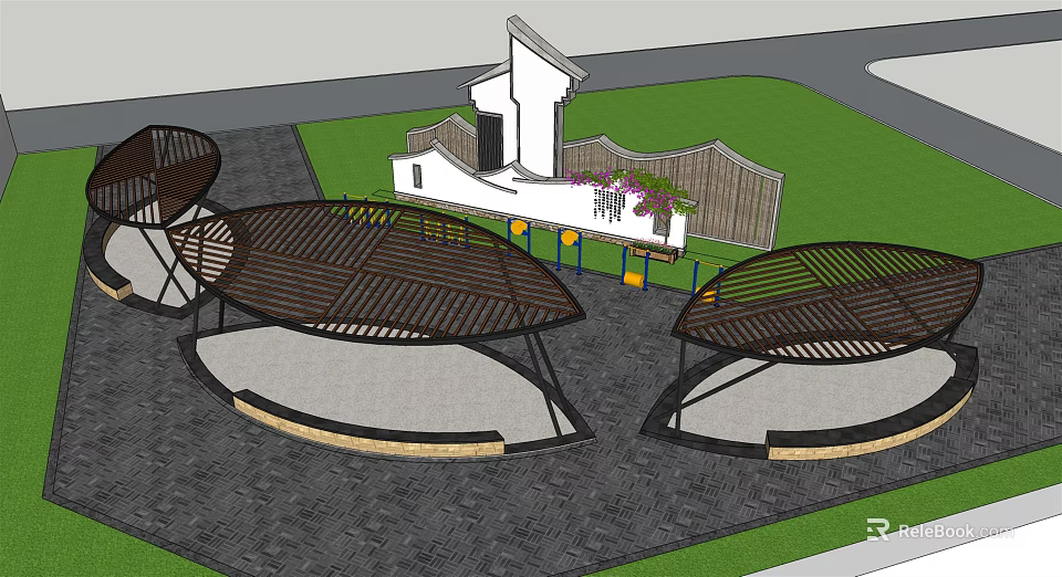 Outdoor Wooden Circular Pergolas With Green Lawn And Climbing Plants On Gray Pavement 3d model 