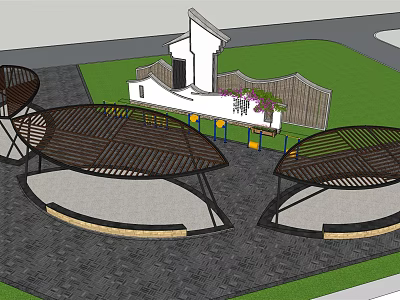 Outdoor Wooden Circular Pergolas With Green Lawn And Climbing Plants On Gray Pavement 3d model
