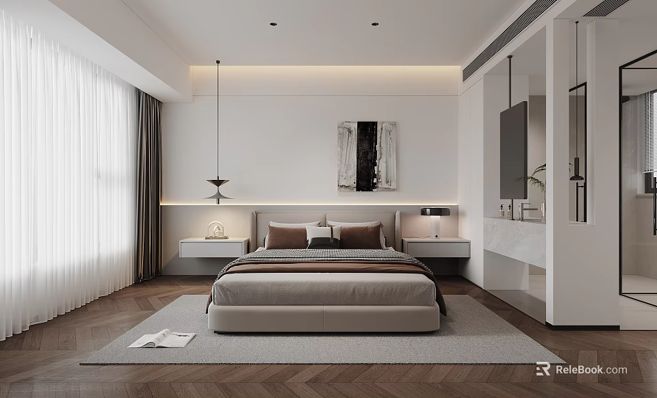 Modern Bedroom Interior Design With Large Bed Nightstands Herringbone Flooring And Pendant Lights 3d model 