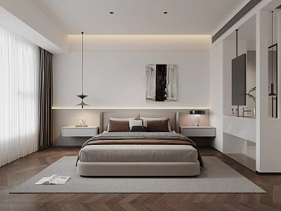 Modern Bedroom Interior Design With Large Bed Nightstands Herringbone Flooring And Pendant Lights 3d model