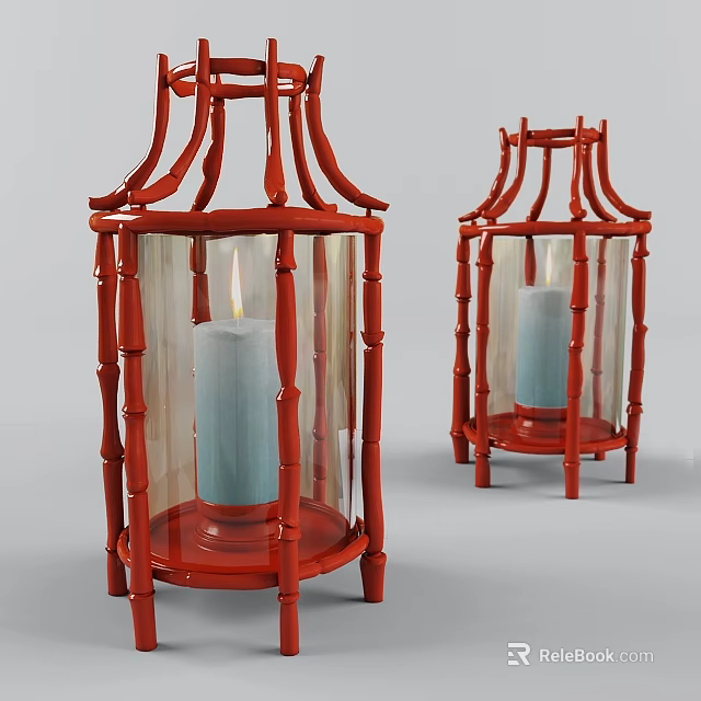 Red Bamboo Candle Lanterns With Transparent Glass Shade And Burning White Candle 3d model 