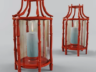 Red Bamboo Candle Lanterns With Transparent Glass Shade And Burning White Candle 3d model