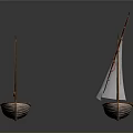 Wooden Sailboat Models As Water Transport With Sails And Red Emblem On Sail