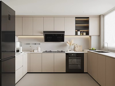 Modern Kitchen Interior Design With Light Colored Cabinets Black Refrigerator Cooktop Oven And Range Hood 3d model