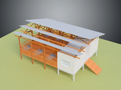 Wooden Framed Building With White Walls Multi Layered Roofs And Exterior Balconies 3d model