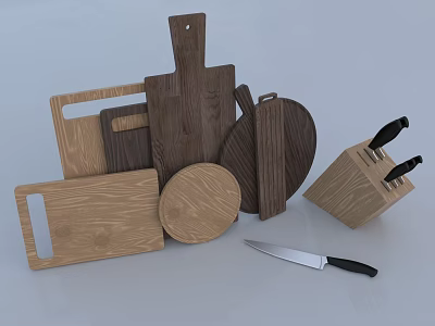 Wooden Kitchen Cutting Boards In Various Shapes With Knife Block And Sharp Knife 3d model
