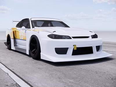 White Race Car With Yellow Number 24 Black Wheels Parked On Empty Road Sky Background 3d model