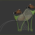 Children's Outdoor Playground Equipment With Three Orange Black Roofed Green Poles Climbing Net Slide Structures