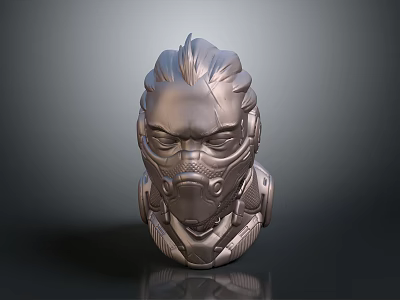 Metallic Head Sculpture Featuring Futuristic Mask Design Detailed Texture and Reflective Surface 3d model