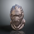 Metallic Head Sculpture Featuring Futuristic Mask Design Detailed Texture and Reflective Surface