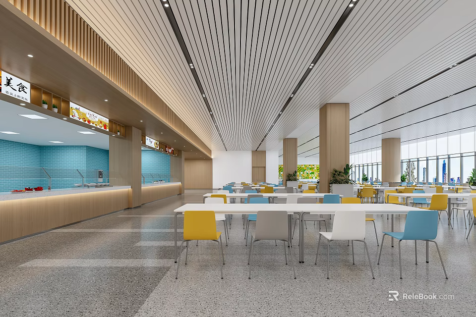 Modern Cafeteria Interior With Colorful Chairs Dining Tables Striped Ceiling And Food Counter 3d model 