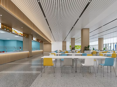 Modern Cafeteria Interior With Colorful Chairs Dining Tables Striped Ceiling And Food Counter 3d model