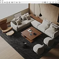Modern Sofa And Coffee Table Combination With Beige Upholstery Wooden Top And Area Rug