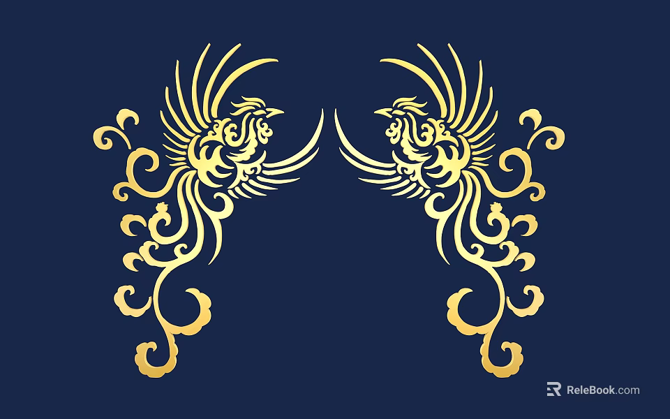 Golden Phoenix Carving Art With Symmetric Design On Dark Blue Background 3d model 