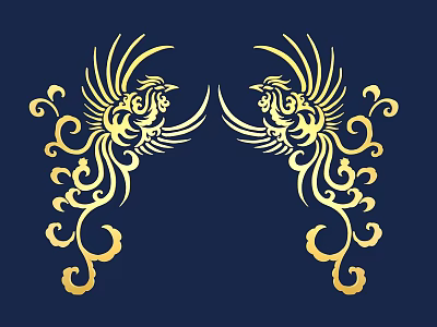 Golden Phoenix Carving Art With Symmetric Design On Dark Blue Background 3d model