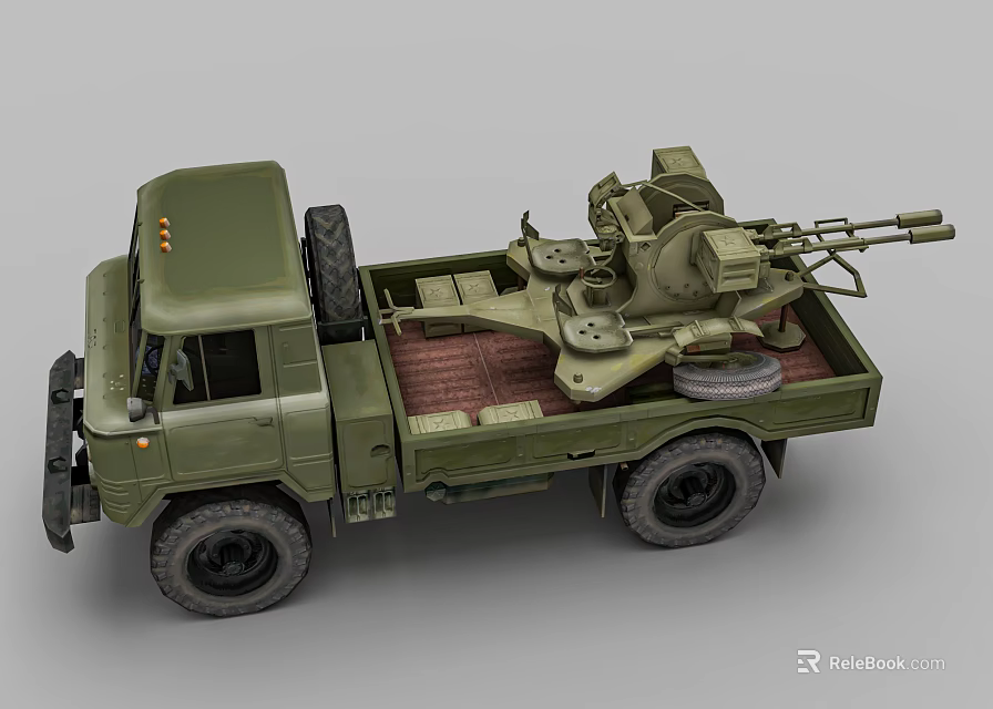 Green Military Utility Vehicle With Open Bed And Mounted Heavy Weaponry 3d model 