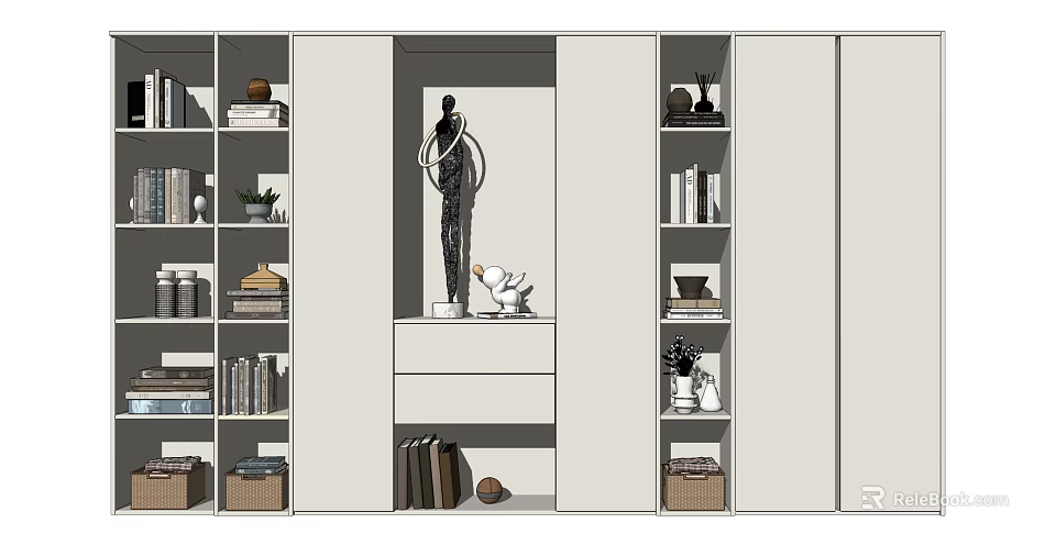 Modern Bookcase Interior Design With Multiple Shelves Books Decorative Items And Baskets 3d model