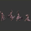 Fox Spirit Female Characters In Pink Traditional Costumes With Various Dance Poses And Flowing Ribbons