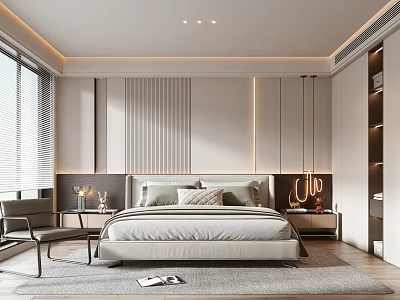 Modern Bedroom Interior With Striped Headboard Wall Blinds Window Cozy Bed Nightstand And Accent Chair 3d model