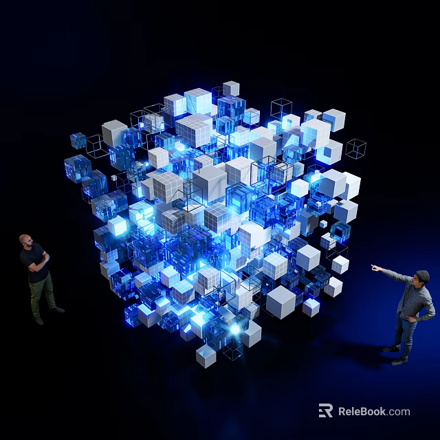 Abstract 3D Cube Structure With Blue White Illuminated Cubes And People Interacting 3d model 