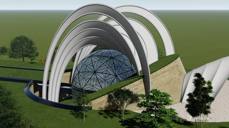 Modern Architectural Structure With White Curved Arches Geodesic Glass Dome Green Roof And Surrounding Trees 3d model 