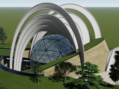 Modern Architectural Structure With White Curved Arches Geodesic Glass Dome Green Roof And Surrounding Trees 3d model