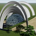 Modern Architectural Structure With White Curved Arches Geodesic Glass Dome Green Roof And Surrounding Trees