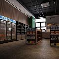 Modern Supermarket Interior With Refrigerated Display Cases For Beverages And Shelves Stocked With Snacks And Grocery Products