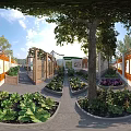 Garden Landscape Design With Vegetable Beds Flower Planters And Wooden Pergola
