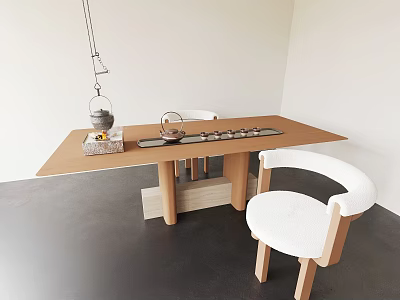 Modern Wooden Tea Table And White Curved Back Chairs With Tea Set In Minimalist Design 3d model