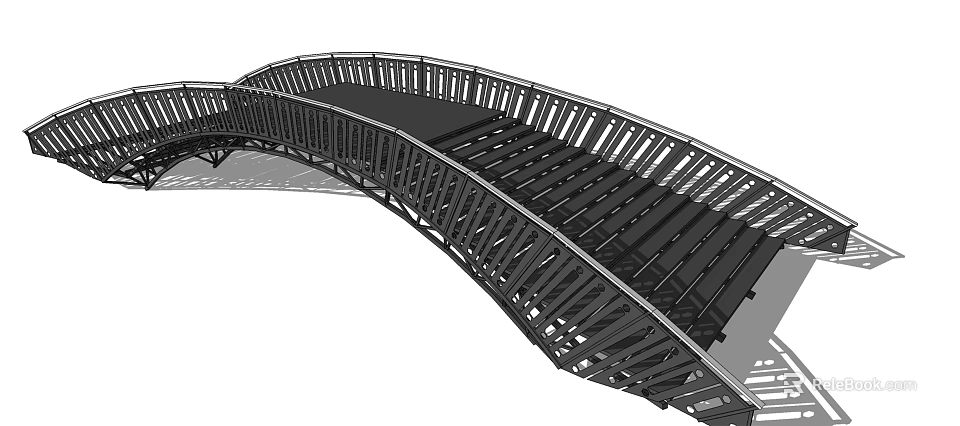 Modern Curved Bridge Structure With Slatted Railings And Smooth Deck Surface 3d model 