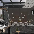 Traditional Tea House Interior With Wooden Bookshelf Tables Chairs And Large Windows